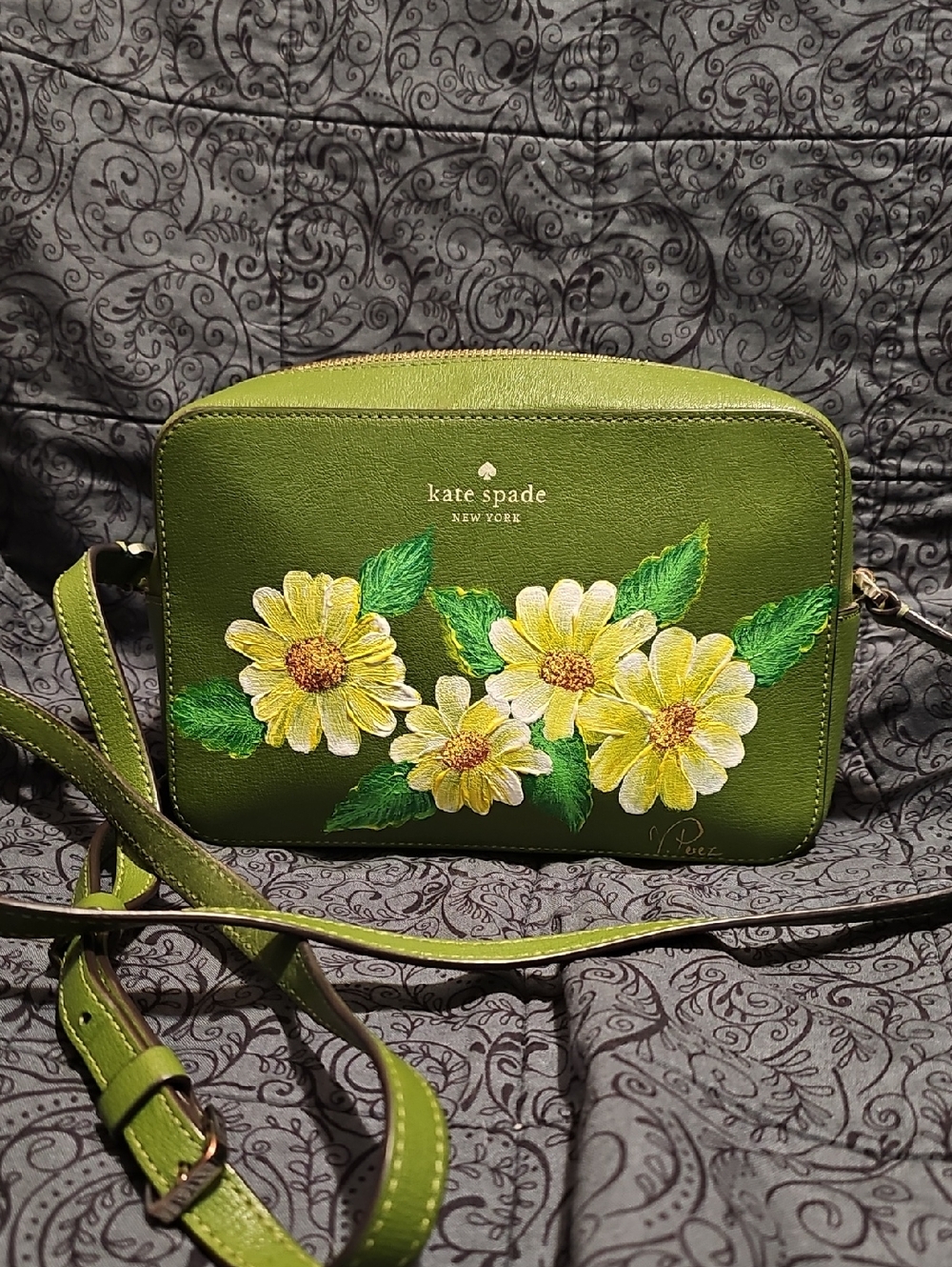 kate spade green leather crossbody with yellow floral artwork